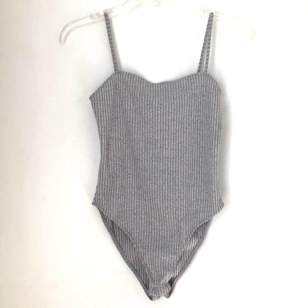 Topshop Heathered Gray Ribbed Square Neck Bodysuit 6